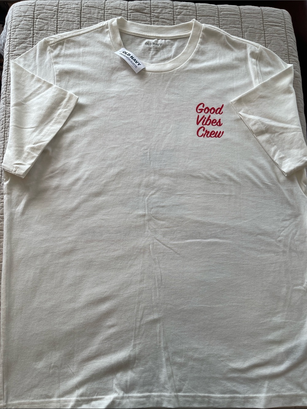 Old Navy Cream Short Sleeve Tee with Red "Good Vibes Crew" Script